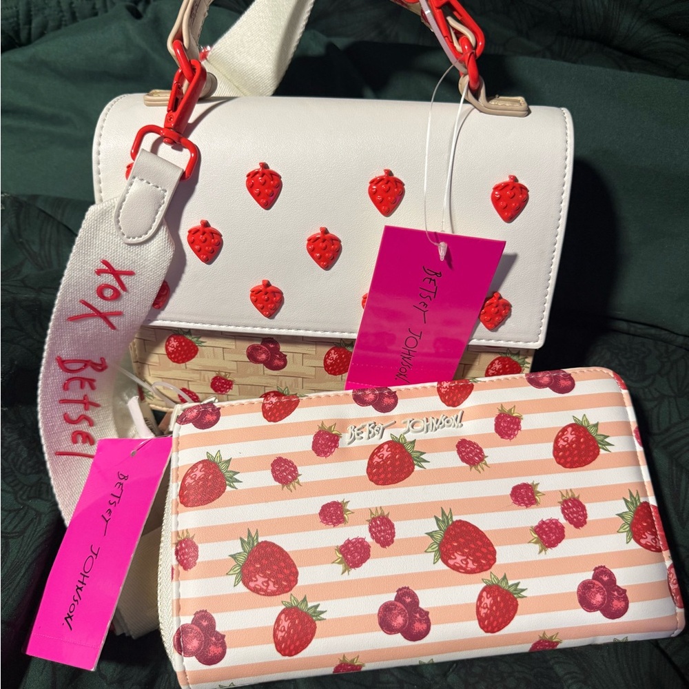 Betsey Johnson White and Red Crossbody Bags Strawberry purse & matching wallet